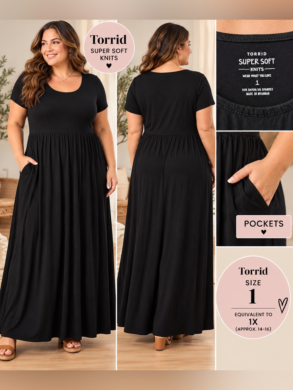 Torrid Super Soft Knits Black Maxi Dress – Size 1 / 1X – WITH Pockets